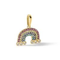 A gold pendant shaped like an arch or rainbow with colorful gemstones including purple, blue, yellow, and clear stones, featuring three small round crystals hanging from the bottom points.