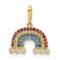 Gold pendant in the shape of a rainbow arch with purple gemstones along the top, yellow and blue stones forming concentric arcs in the center, and six round white stones hanging from the bottom.