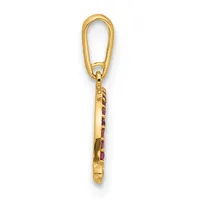 Gold keychain charm with an oval carabiner clip at the top and a rectangular pendant below set with small red and clear stones in an alternating pattern.