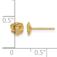 A pair of gold rose-shaped stud earrings with small diamond centers, shown front and side view with a measurement scale indicating they are approximately 0.5 inches in size.