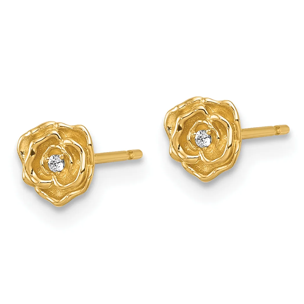 A pair of gold rose-shaped stud earrings with small round diamonds in the centers, displayed against a white background.
