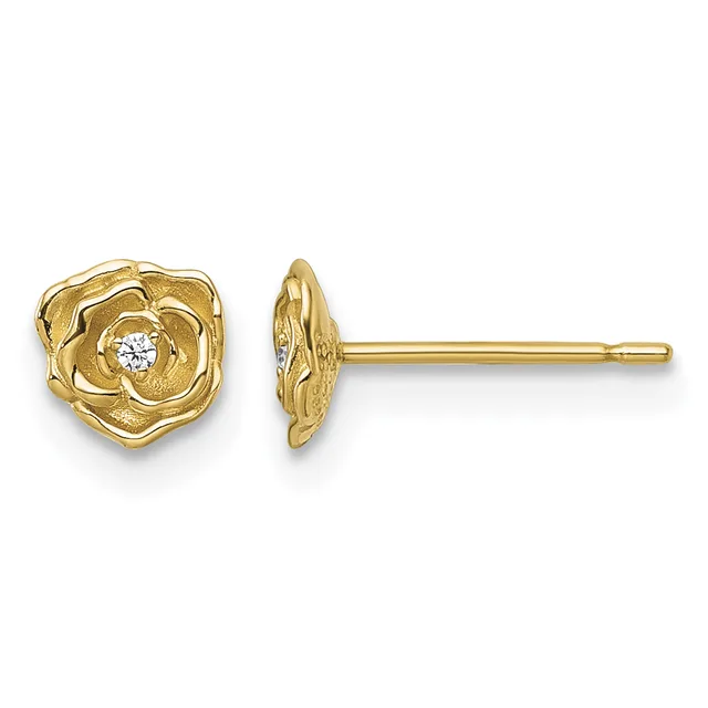 Pair of gold rose-shaped stud earrings with small round diamonds in the centers, shown from front and side views.