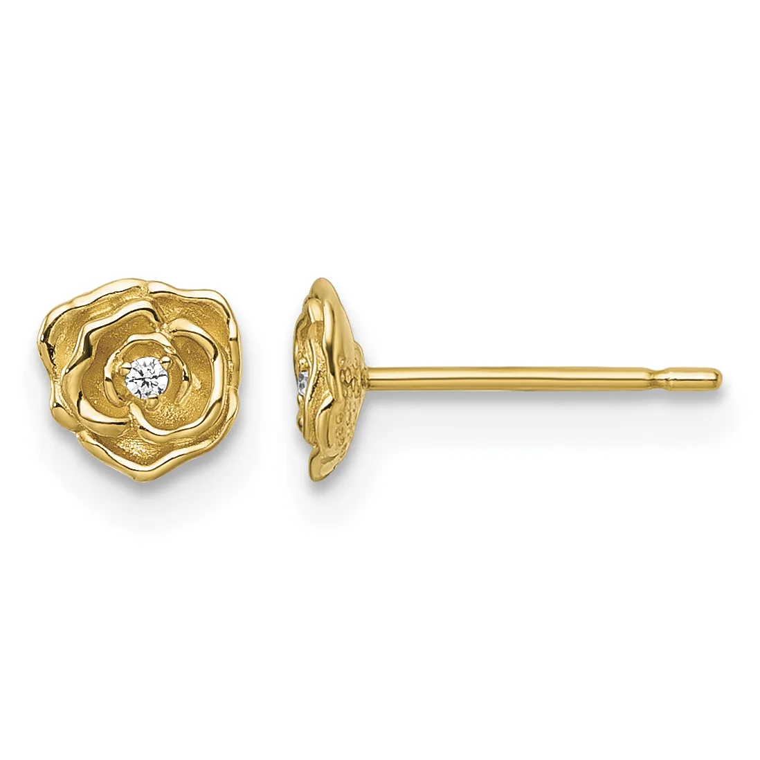 Pair of gold rose-shaped stud earrings with small round diamonds in the centers, shown from front and side views.
