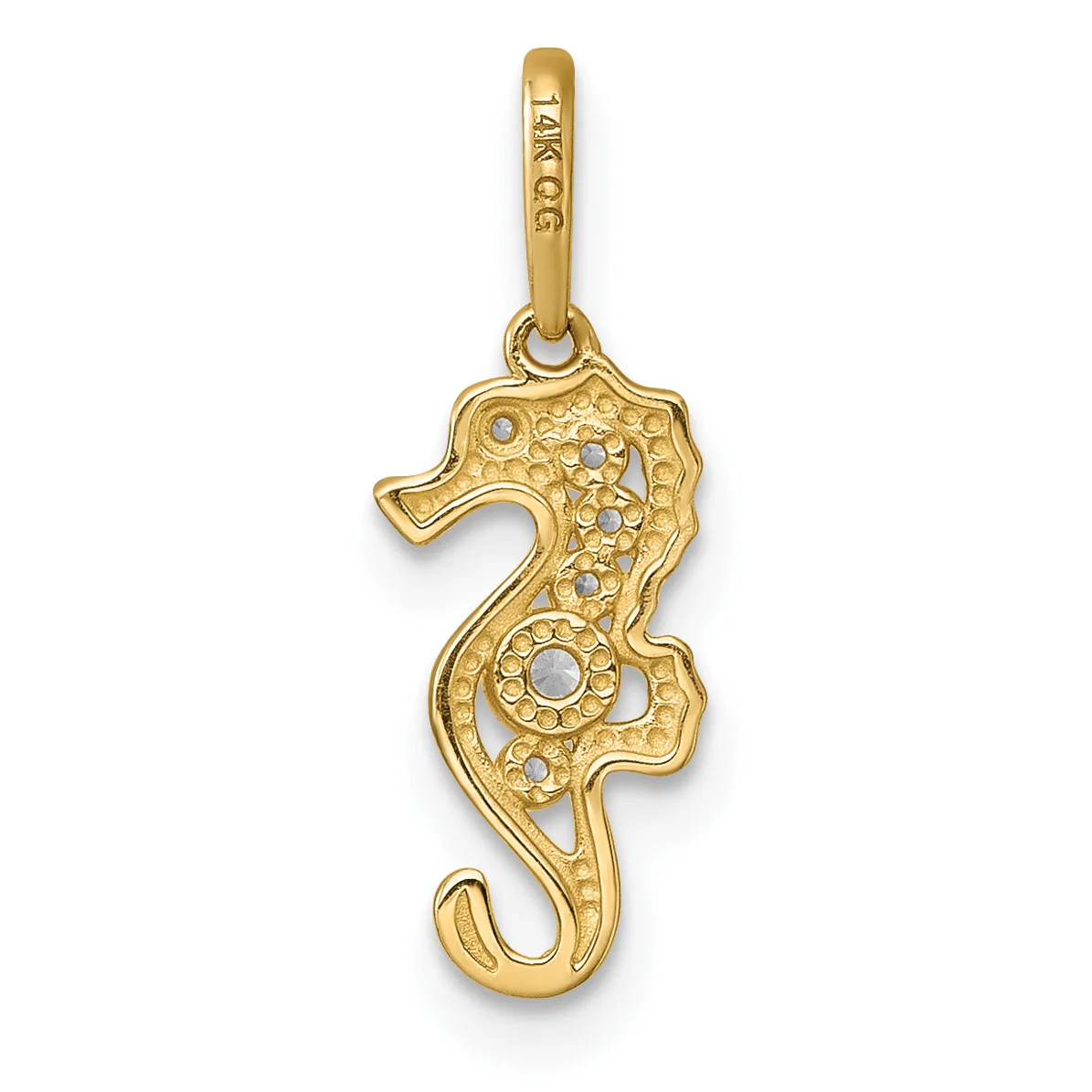 Gold seahorse pendant with decorative filigree pattern and small round stone accents, suspended from a gold bail.