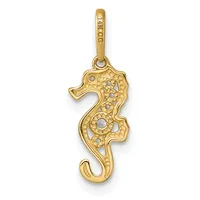 Gold seahorse pendant with decorative filigree pattern and small round stone accents, suspended from a gold bail.