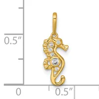 Gold seahorse pendant with cubic zirconia stones arranged along its body, shown next to a measurement scale indicating approximately half an inch in height.