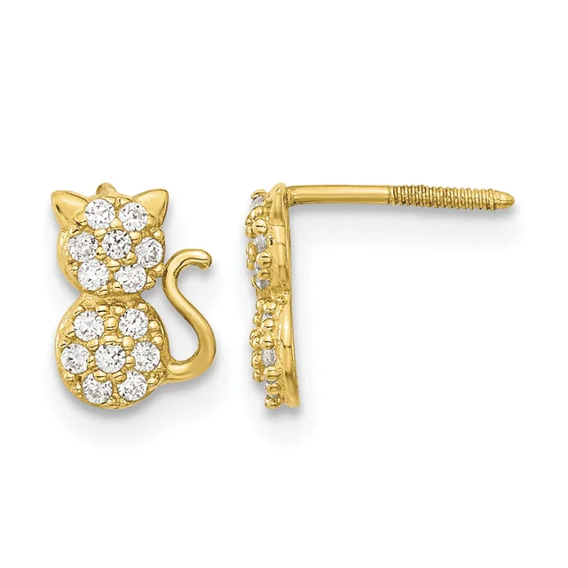 Gold cat-shaped stud earrings with cubic zirconia stones covering the head and body, shown from front and side views with screw-back posts.