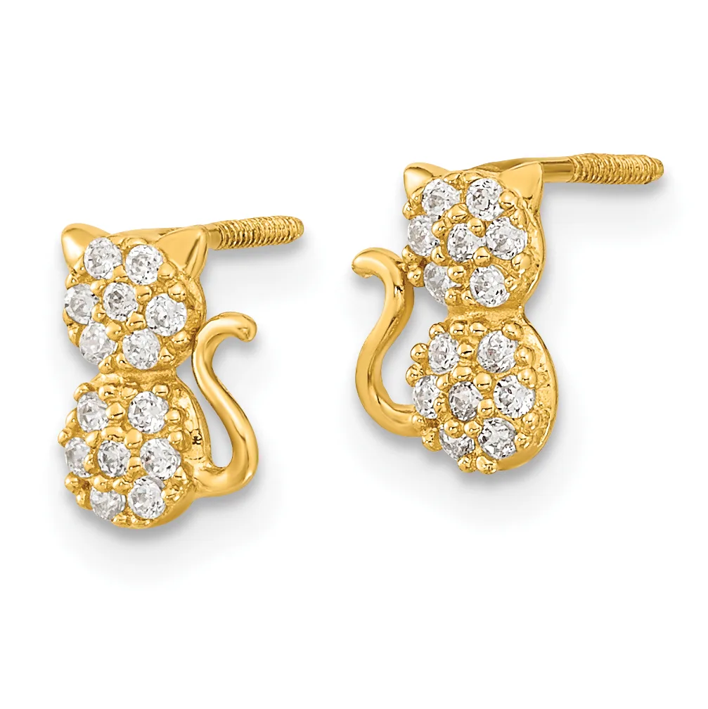 A pair of gold cat-shaped stud earrings with cubic zirconia stones clustered on the head and body, shown from front and back views.