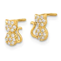 A pair of gold cat-shaped stud earrings with cubic zirconia stones clustered on the head and body, shown from front and back views.