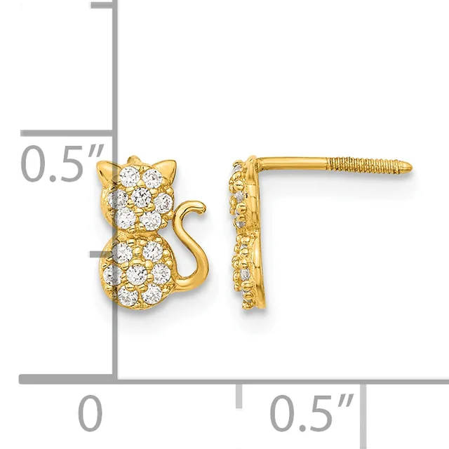 Gold cat stud earrings with cubic zirconia stones covering the head and body, shown front and back view with a measurement scale indicating approximately 0.5 inches in height.