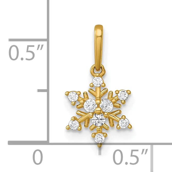 Gold snowflake pendant with round white cubic zirconia stones at each point and center, shown against a measurement scale indicating approximately 0.5 inches in width and height.