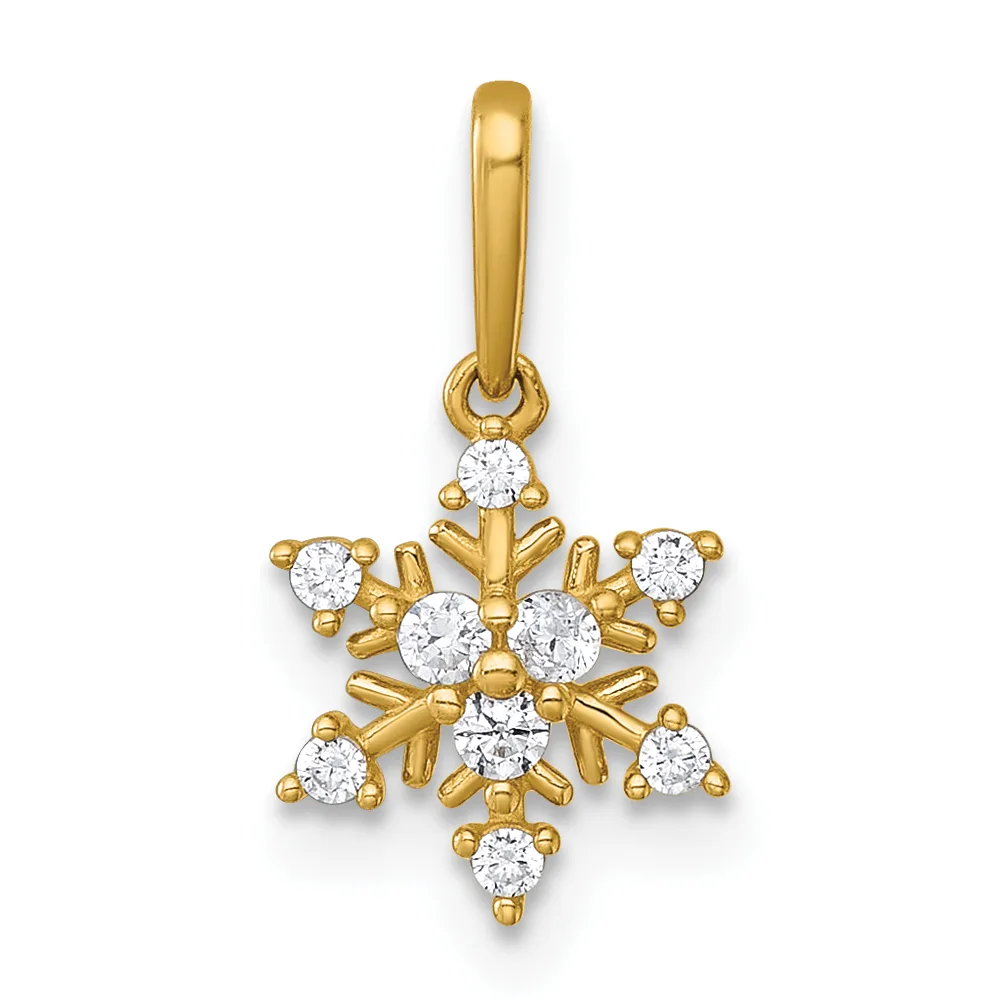 Gold snowflake pendant with eight points set with round white diamonds and a loop bail at the top.