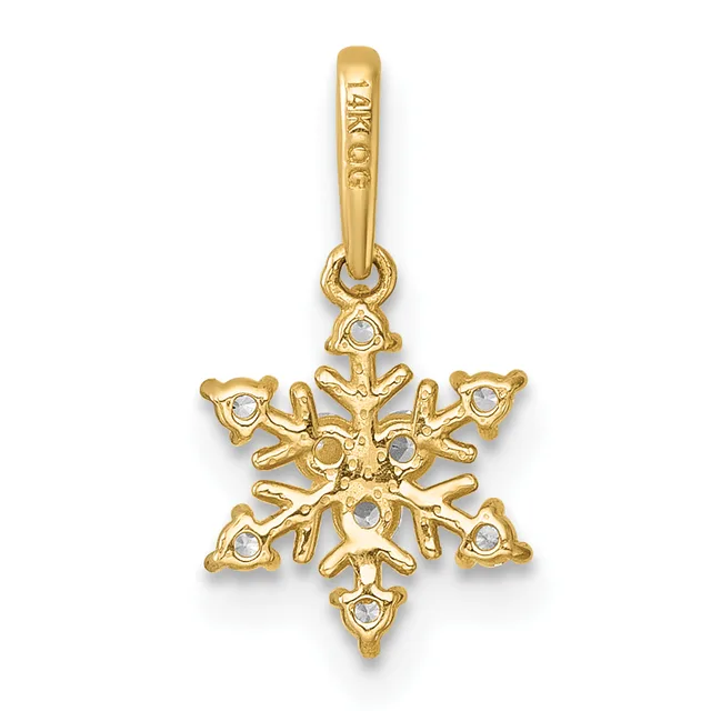A gold snowflake pendant with small diamond accents at each point, suspended from a gold bail, shown against a white background.