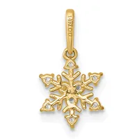 A gold snowflake pendant with small diamond accents at each point, suspended from a gold bail, shown against a white background.