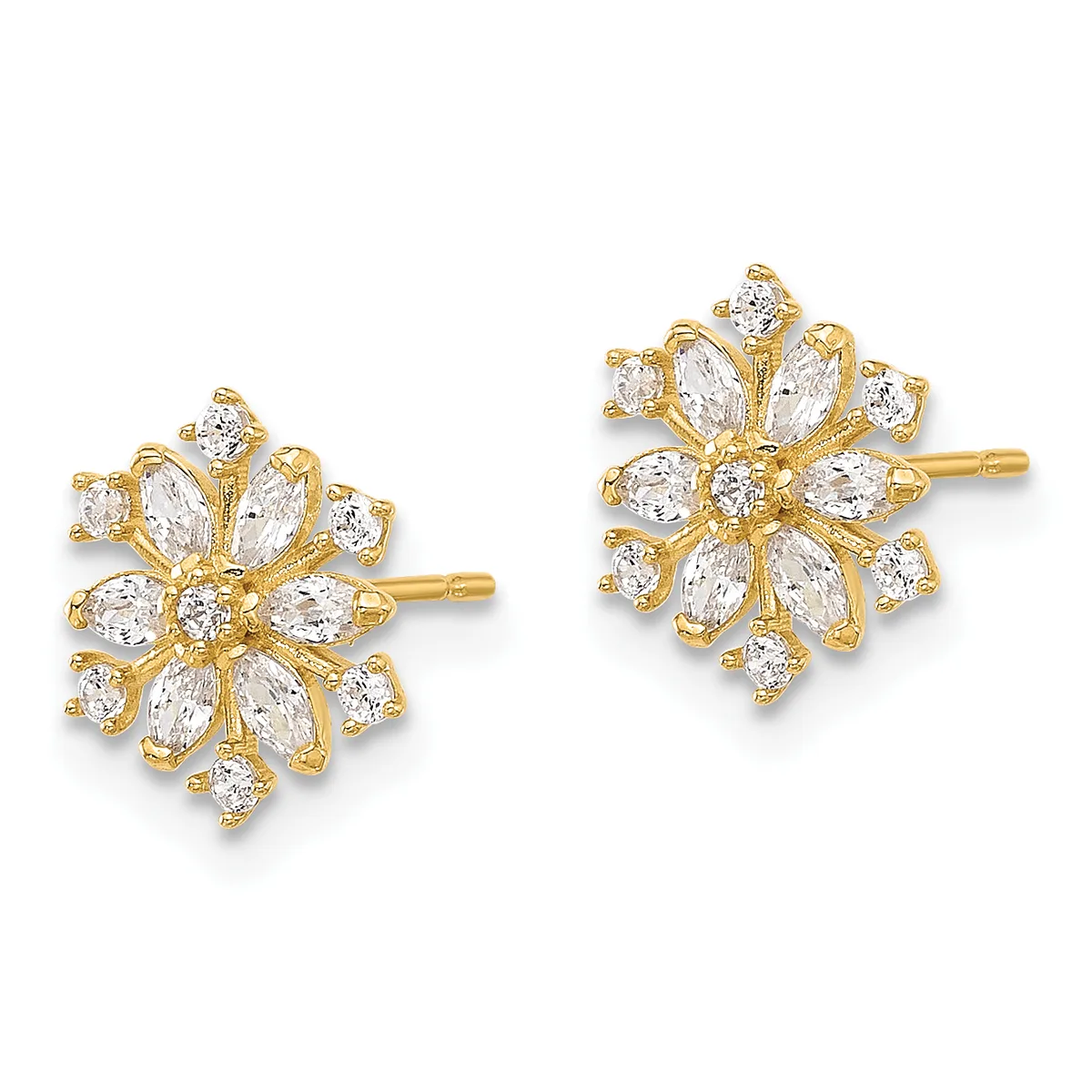 A pair of gold stud earrings featuring flower-shaped clusters of round and marquise-cut cubic zirconia stones arranged in a radial pattern.