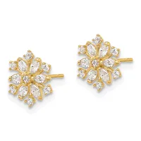 A pair of gold stud earrings featuring flower-shaped clusters of round and marquise-cut cubic zirconia stones arranged in a radial pattern.