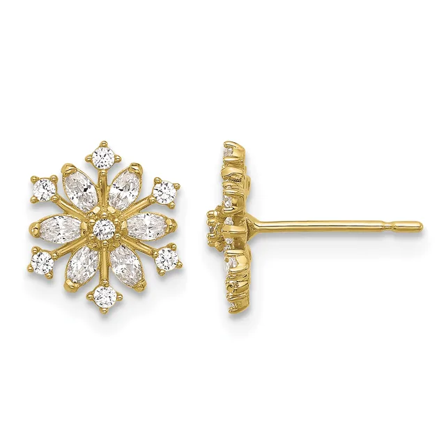Pair of gold snowflake-shaped stud earrings with marquise and round cubic zirconia stones, shown from front and side views.