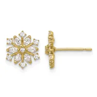 Pair of gold snowflake-shaped stud earrings with marquise and round cubic zirconia stones, shown from front and side views.