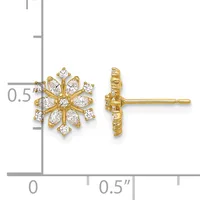 A pair of gold snowflake-shaped stud earrings set with cubic zirconia stones, shown front and back view with a measurement scale indicating approximately 0.5 inches in diameter.