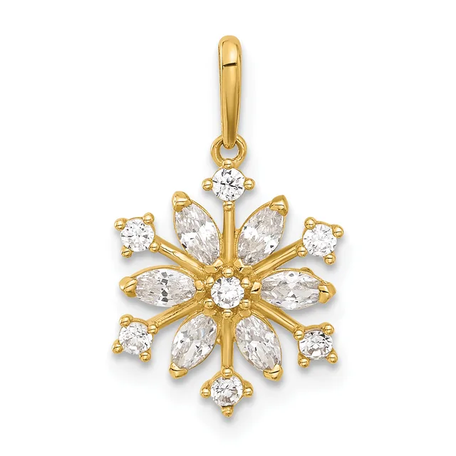 Gold snowflake pendant with round and marquise cubic zirconia stones arranged in a radiating pattern around a central stone, suspended from a bail.