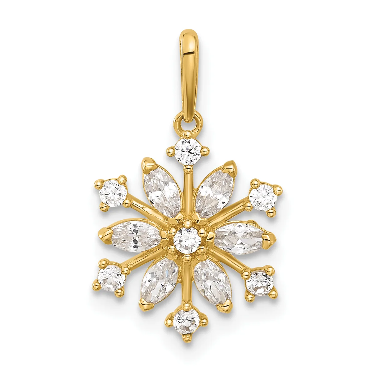 Gold snowflake pendant with round and marquise cubic zirconia stones arranged in a radiating pattern around a central stone, suspended from a bail.