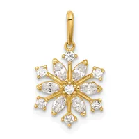 Gold snowflake pendant with round and marquise cubic zirconia stones arranged in a radiating pattern around a central stone, suspended from a bail.