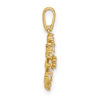 A gold-toned metal charm pendant with a textured, segmented cylindrical body and small rectangular clear stones, suspended from a gold-toned carabiner clip.