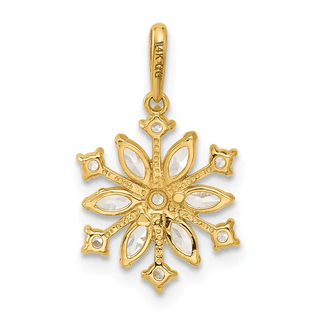 Gold snowflake pendant with clear marquise and round gemstones set throughout eight points, suspended from a gold bail with decorative detailing.