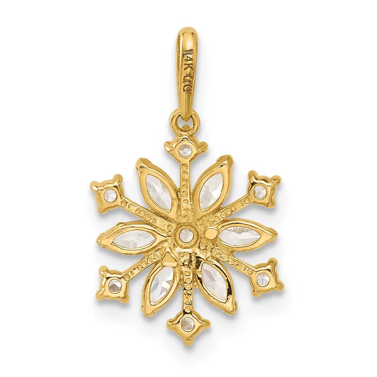 Gold snowflake pendant with clear marquise and round gemstones set throughout eight points, suspended from a gold bail with decorative detailing.
