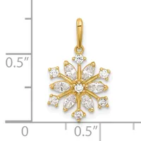 Gold snowflake pendant with round and marquise cubic zirconia stones arranged in a radiating pattern, shown next to a ruler indicating approximately 0.5 inches in height.