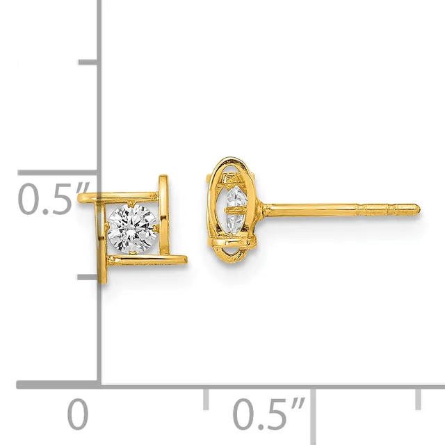Pair of gold stud earrings with square bezels holding round clear gemstones, shown with a measurement scale indicating approximately 0.5 inches in size.