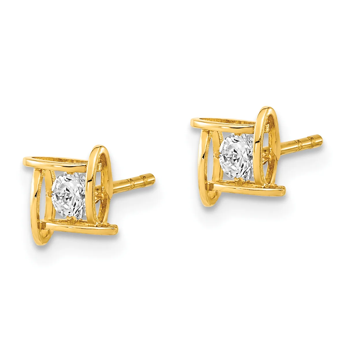 A pair of gold stud earrings with rectangular bezels containing cushion-cut clear stones, shown from the front and back angles.