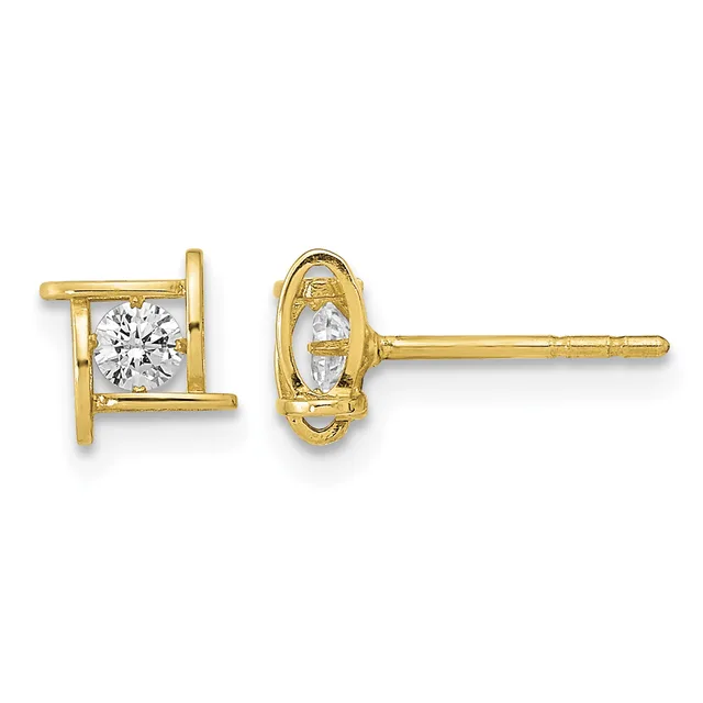 Pair of gold stud earrings with square frames featuring round diamond solitaires, shown from front and side views.