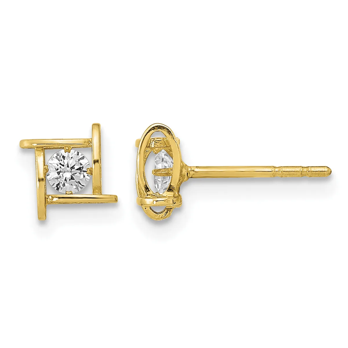 Pair of gold stud earrings with square frames featuring round diamond solitaires, shown from front and side views.
