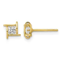 Pair of gold stud earrings with square frames featuring round diamond solitaires, shown from front and side views.