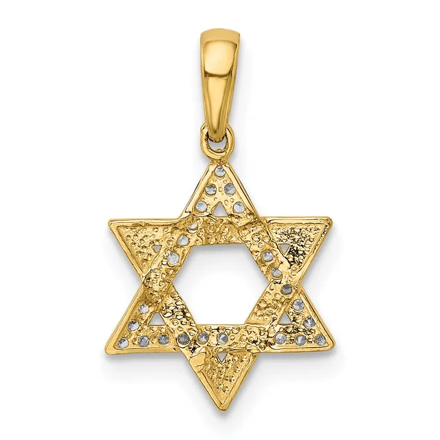 Gold Star of David pendant with textured surface and small round diamond accents, suspended from a gold bail.