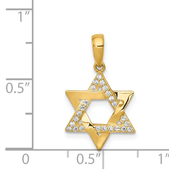Gold Star of David pendant with cubic zirconia accents on a ruler showing approximately one inch in height.