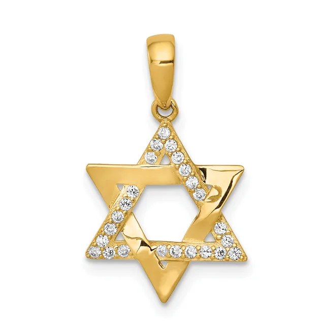 Gold Star of David pendant with cubic zirconia stones set along the edges, shown against a white background.