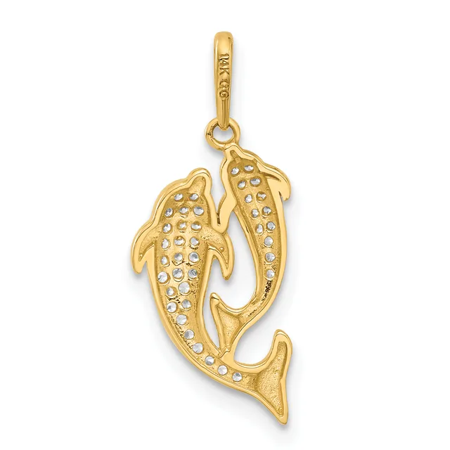 Gold pendant featuring two fish with diamond or crystal inlays, suspended from a gold bail loop.