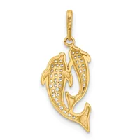 Gold pendant featuring two fish with diamond or crystal inlays, suspended from a gold bail loop.