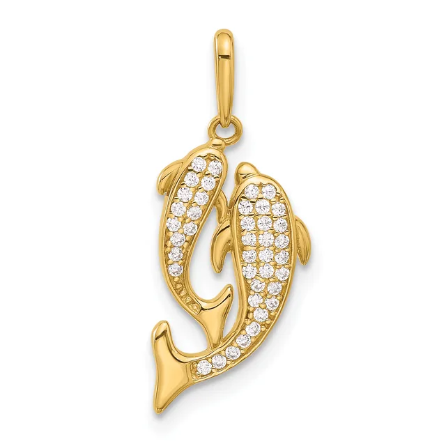 Gold pendant featuring two dolphins with crystal embellishments, suspended from a bail loop.
