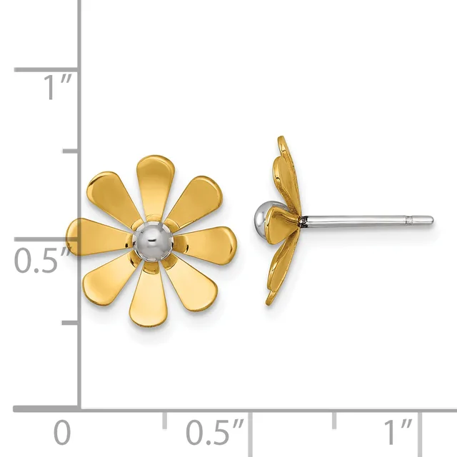 Two gold flower-shaped stud earrings with eight petals and silver spherical centers, shown from front and side views next to a measurement scale.