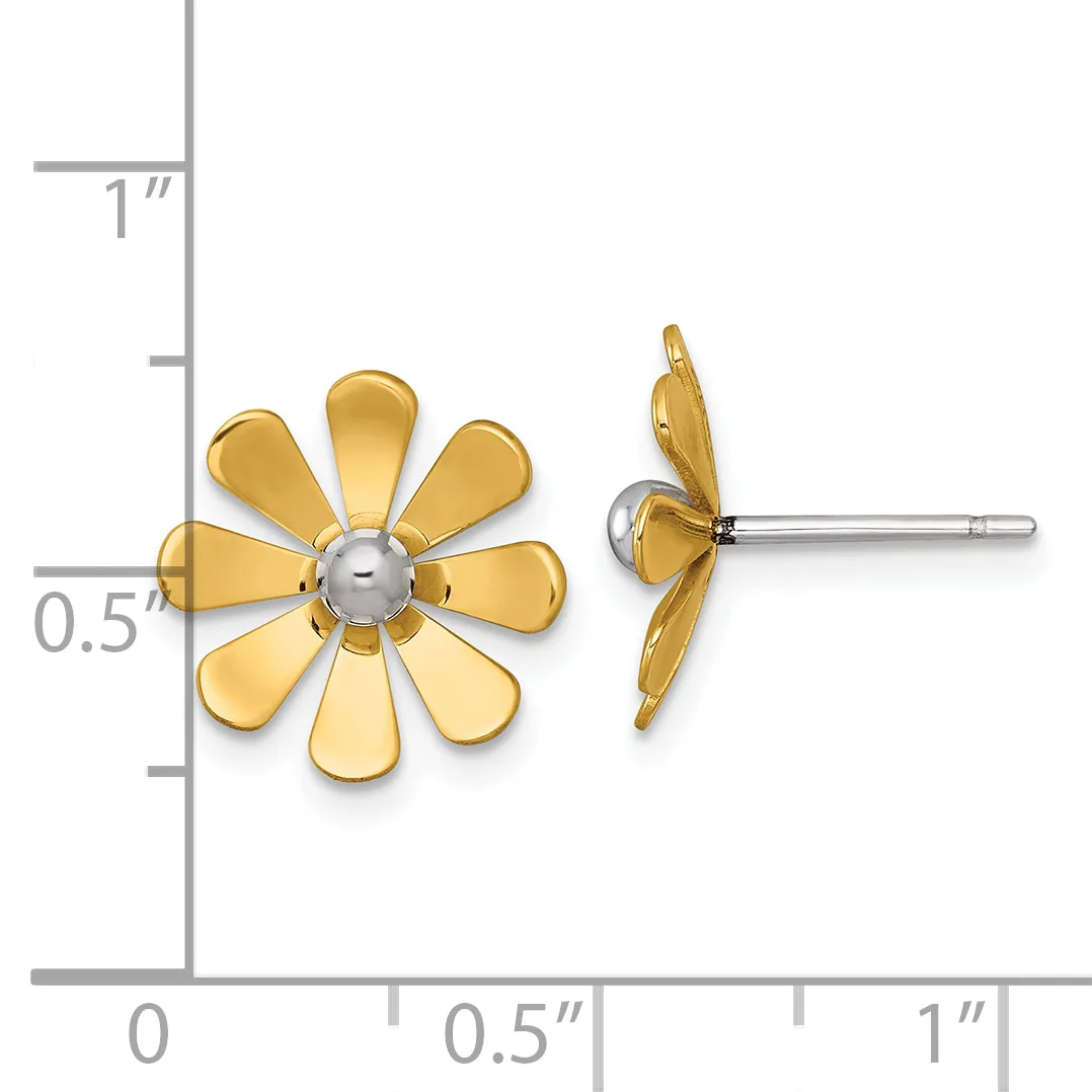 Two gold flower-shaped stud earrings with eight petals and silver spherical centers, shown from front and side views next to a measurement scale.