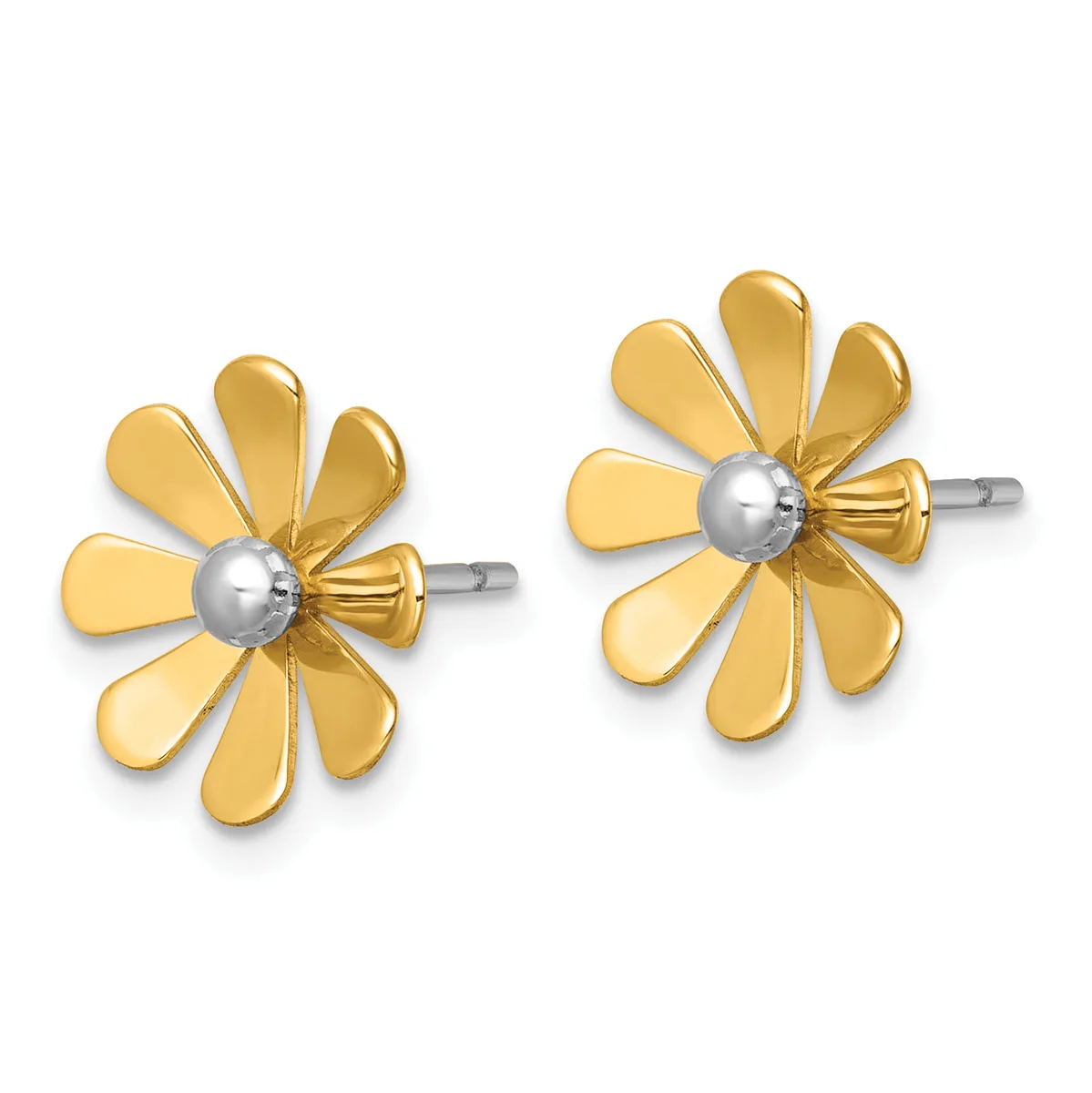A pair of gold flower-shaped stud earrings with ten petals each surrounding a silver ball center, shown from the front.