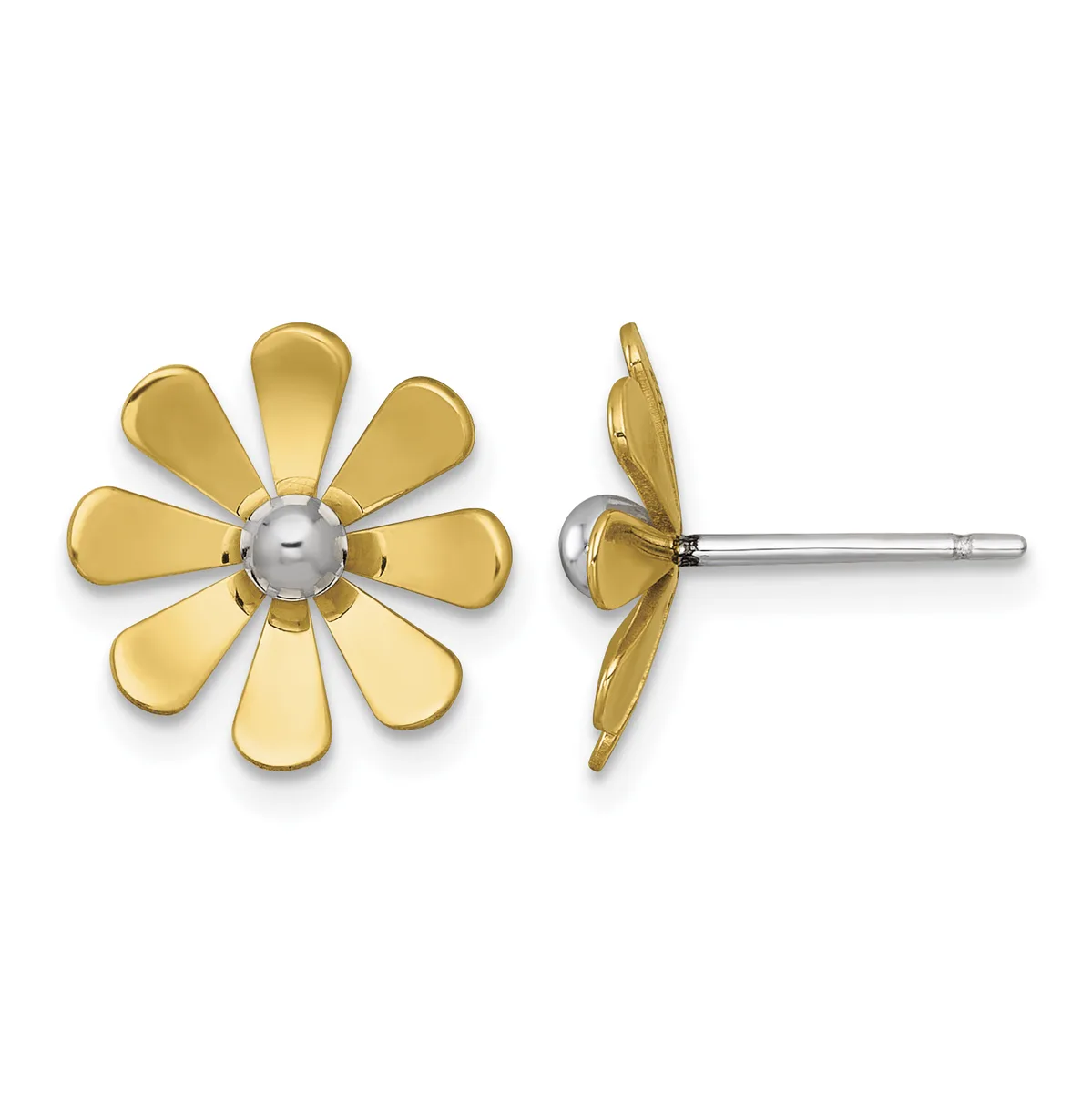 Gold-toned flower-shaped stud earrings with eight petals surrounding a silver-toned center, shown from front and side views.