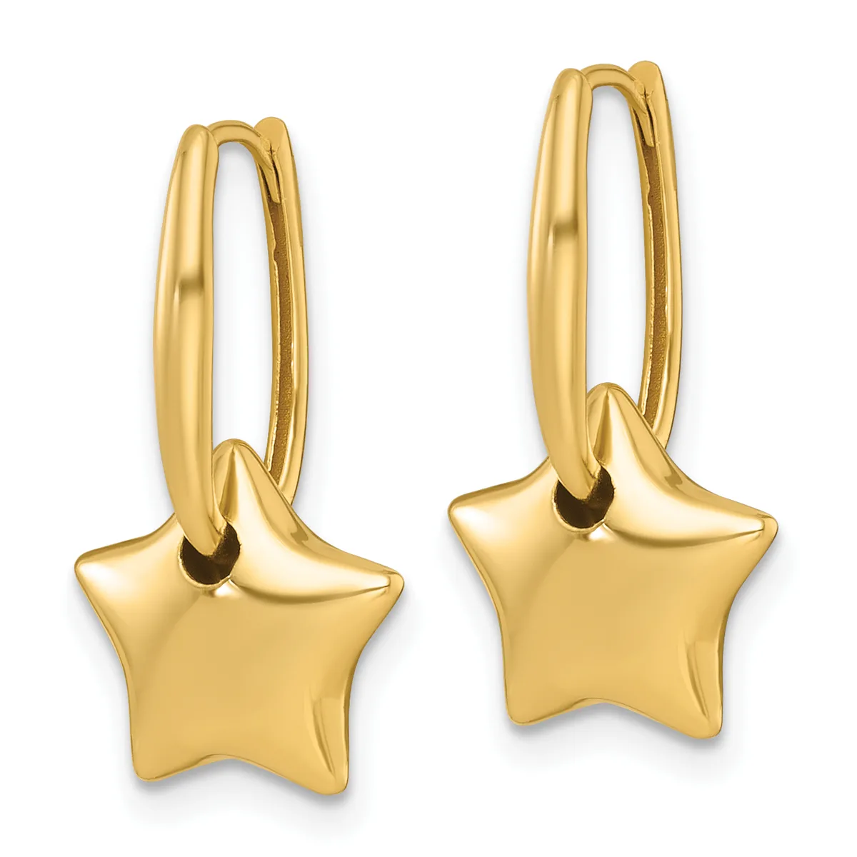 A pair of gold hoop earrings with star-shaped charms hanging from the bottom of each hoop.