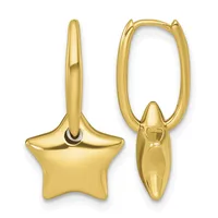 Pair of polished gold hoop earrings with detachable star-shaped charms, shown from front and side views.