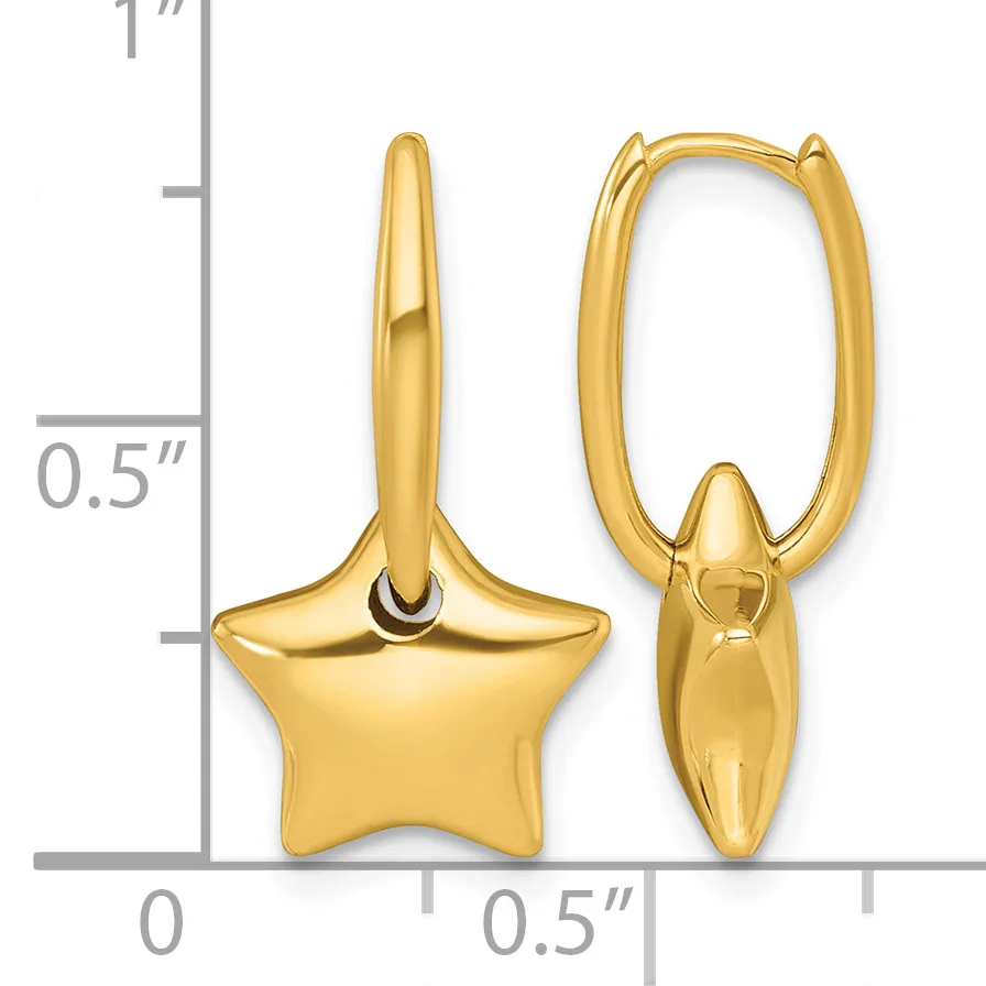 Gold star-shaped charm with attached loop next to a gold oval hoop earring, shown with measurement scale indicating approximately half-inch dimensions.