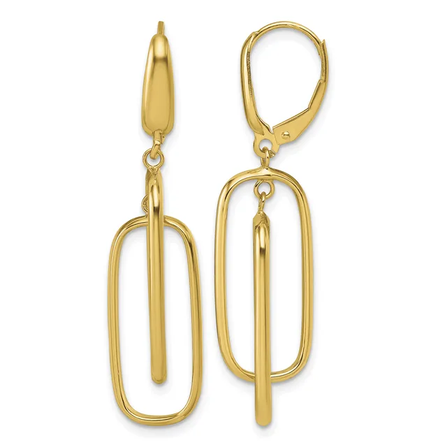 A pair of gold-toned dangling earrings with elongated oval frames and vertical bars inside, shown from the front and side views.
