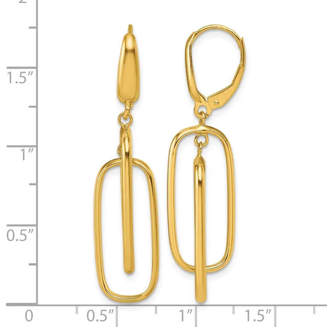 Gold-colored elongated oval drop earrings with leverback closures, shown next to a ruler measuring approximately 1.75 inches in length.